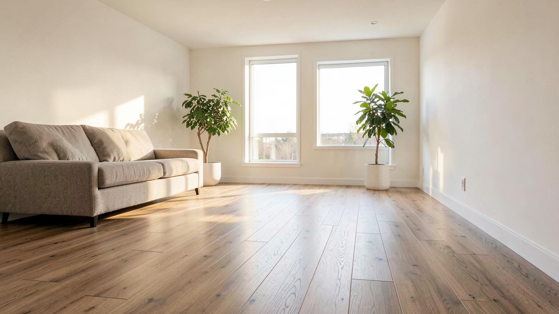 Freshly installed laminate flooring in a bright living room